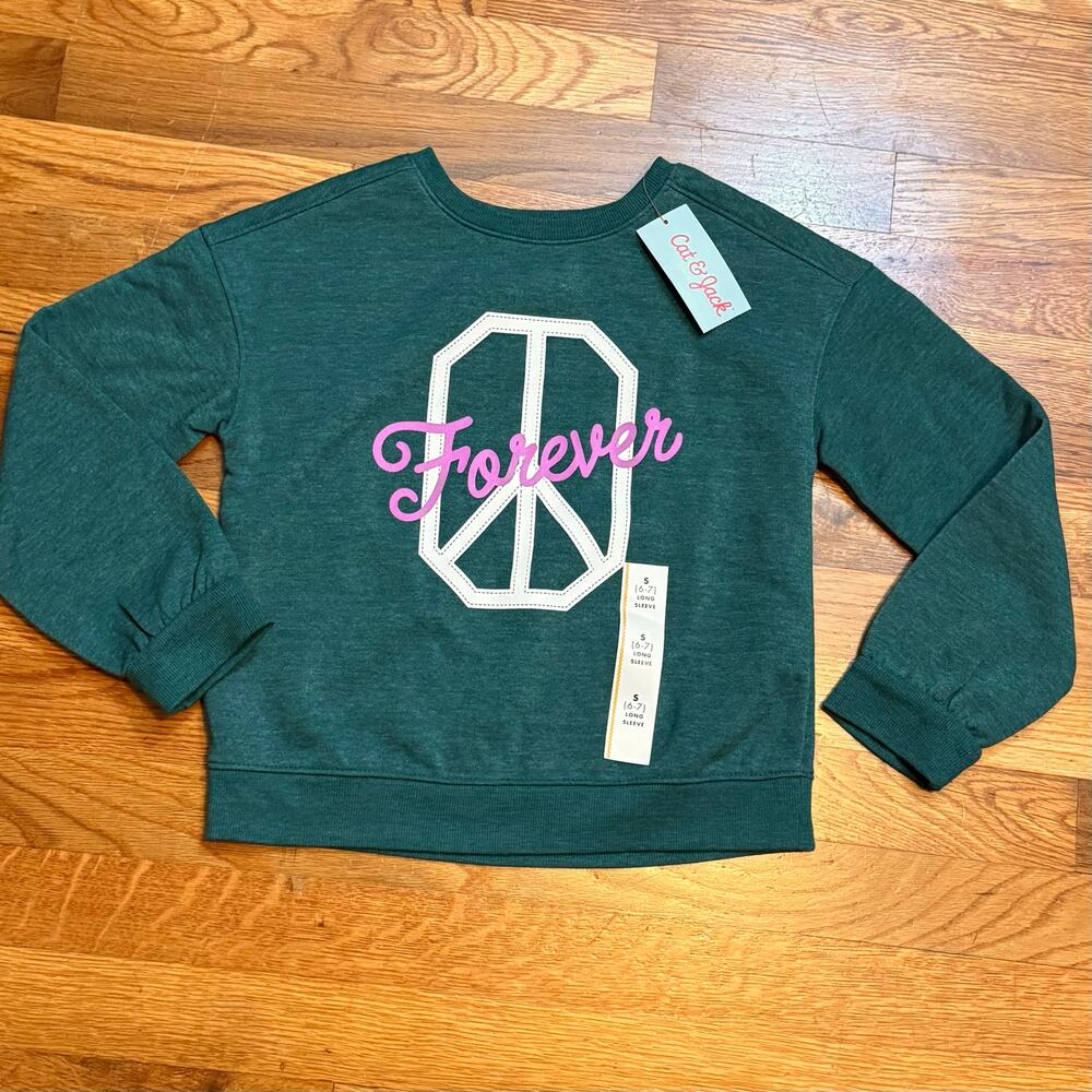 Cat & Jack Girls Small 6 7 Green Peace Forever Long Sleeve Crewneck Sweater New
